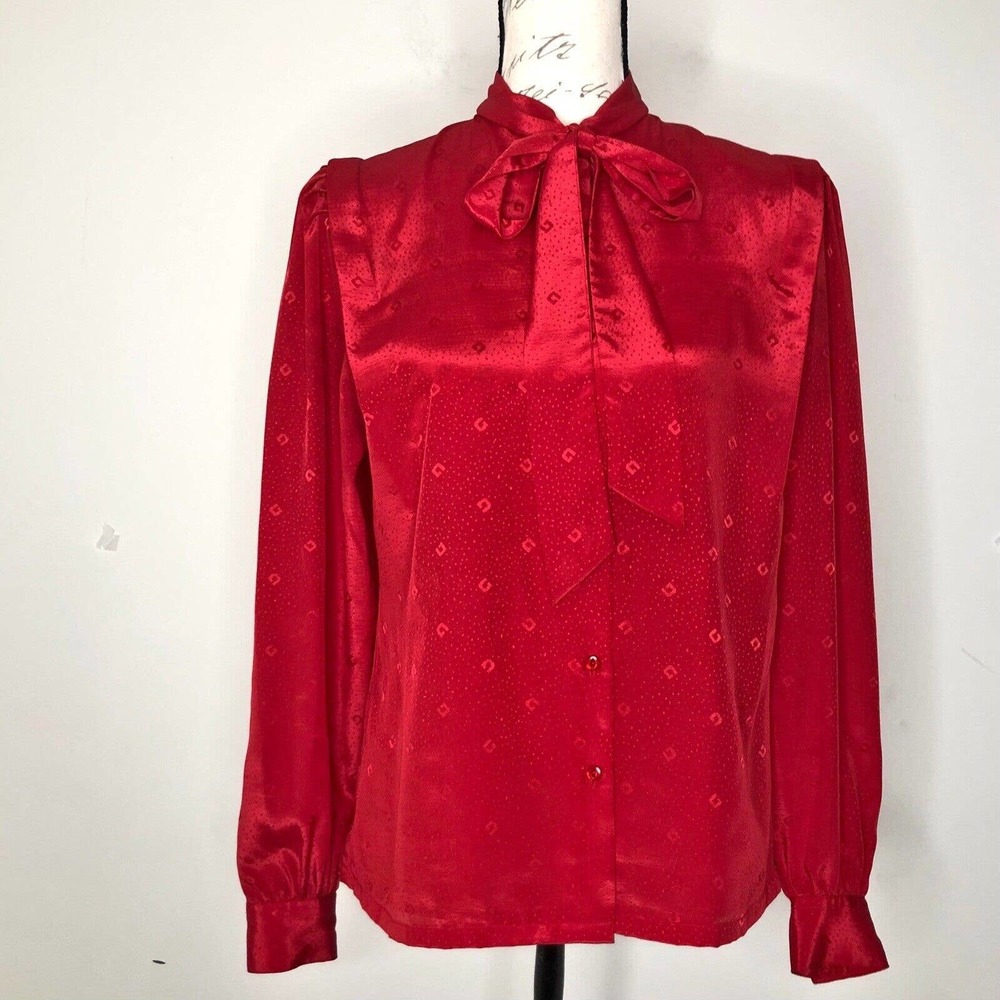 Vintage 70/80's Panther Red Swiss Dot Button Up Pussy Bow Secretary Blouse 7/8